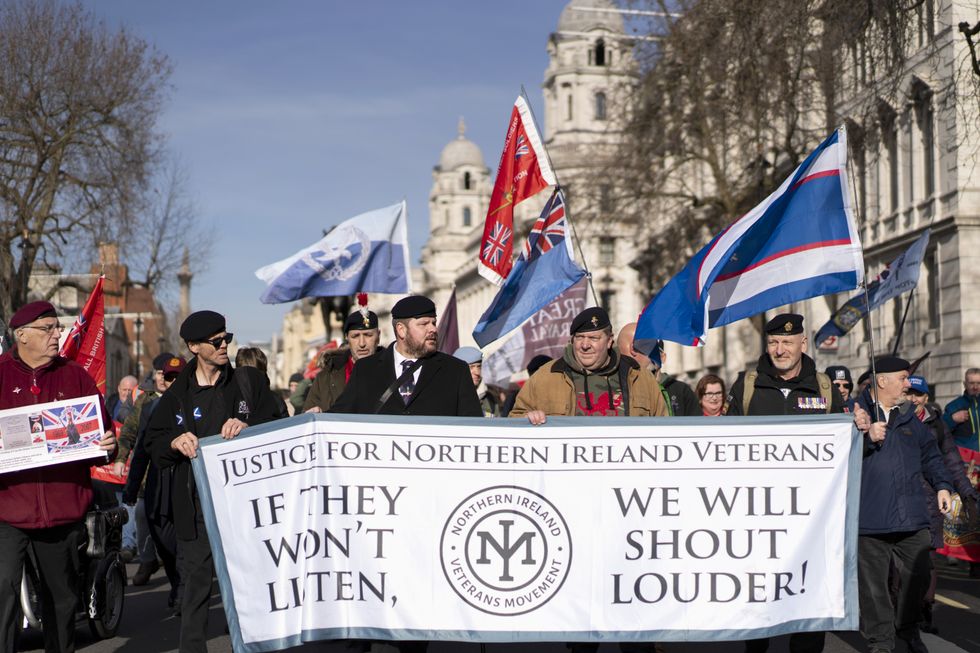 Veterans of the British military who served in Northern Ireland during The Troubles march along Whitehall, central London, to protest about veterans being persecuted and prosecuted over incidents that occurred up to 56 years ago