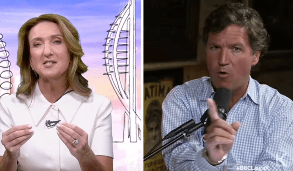Victoria Derbyshire (left), Tucker Carlson (right)