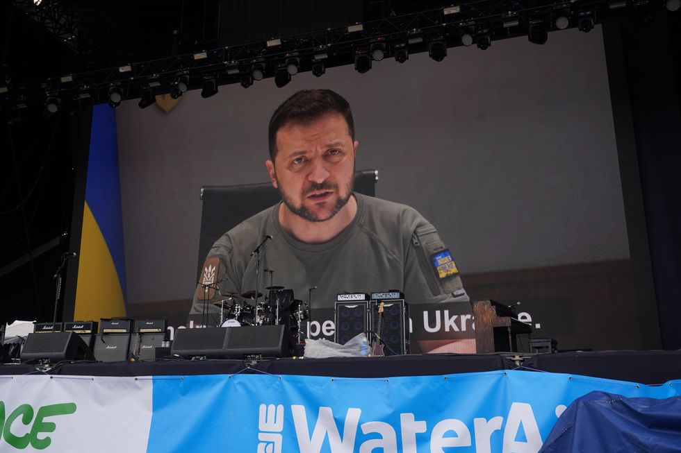 Video message by Ukrainian President Volodymyr Zelensky shown to the crowd at the Other Stage during the Glastonbury Festival at Worthy Farm in Somerset. Picture date: Friday June 24, 2022.