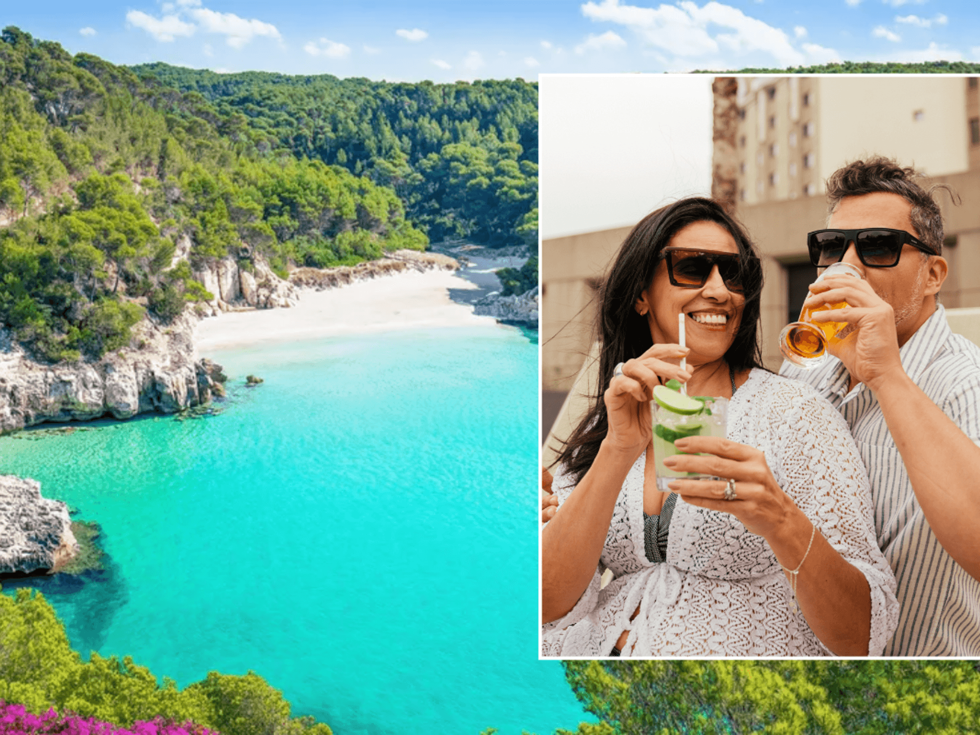 View of a bright, blue sea in Menorca / couple with cocktails
