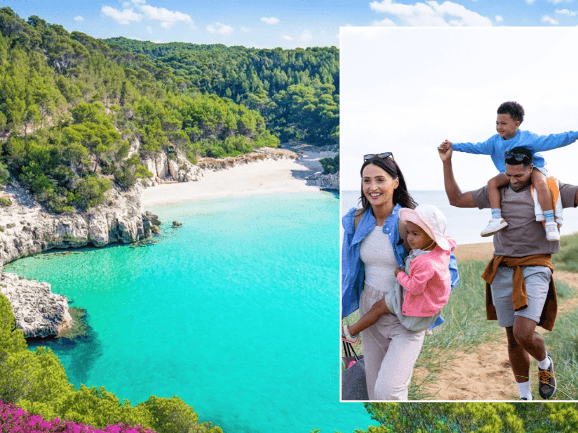 View of a bright, blue sea in Menorca / family on holiday