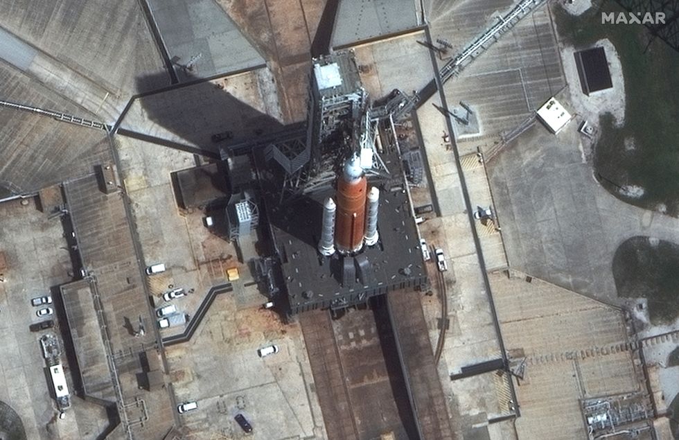 View of Launch Pad 39B showing NASA's SLS-Orion spacecraft for the Artemis I mission at Kennedy Space Center, Florida, U.S., August 25, 2022 in this handout satellite image. Maxar Technologies/Handout via REUTERS THIS IMAGE HAS BEEN SUPPLIED BY A THIRD PARTY. MANDATORY CREDIT. NO RESALES. NO ARCHIVES. MUST NOT OBSCURE LOGO