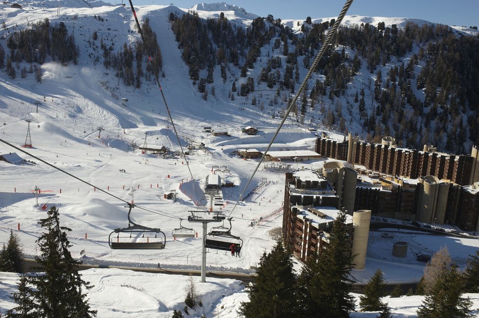 View on a cable car in La Plagne ski resort in France