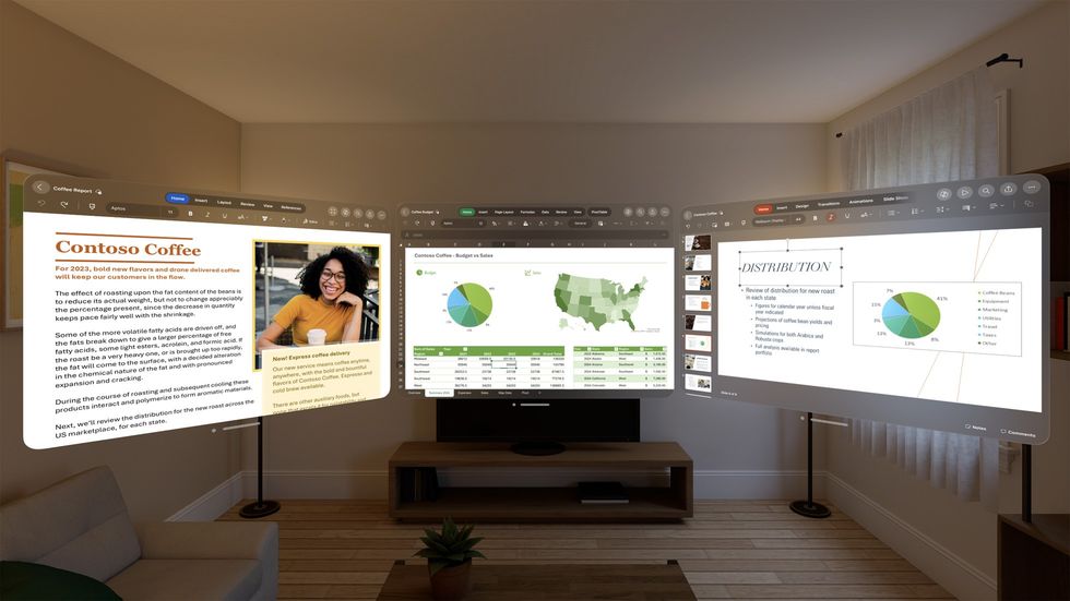 view through a vision pro headset with three windowed applications floating