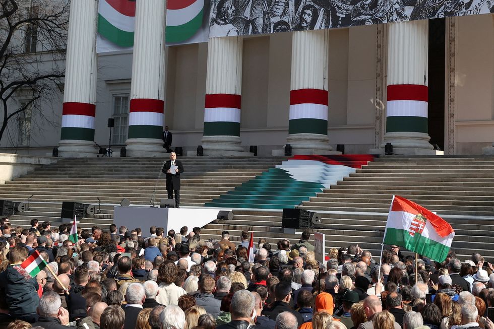 Viktor Orban speaks at a rally to celebrate Hungary's national day