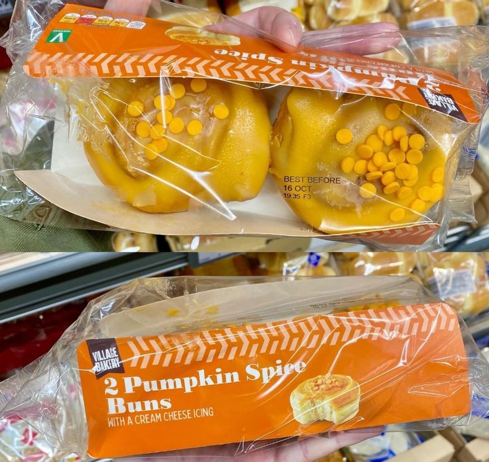 Village Bakery Pumpkin Spice Buns with cream cheese icing