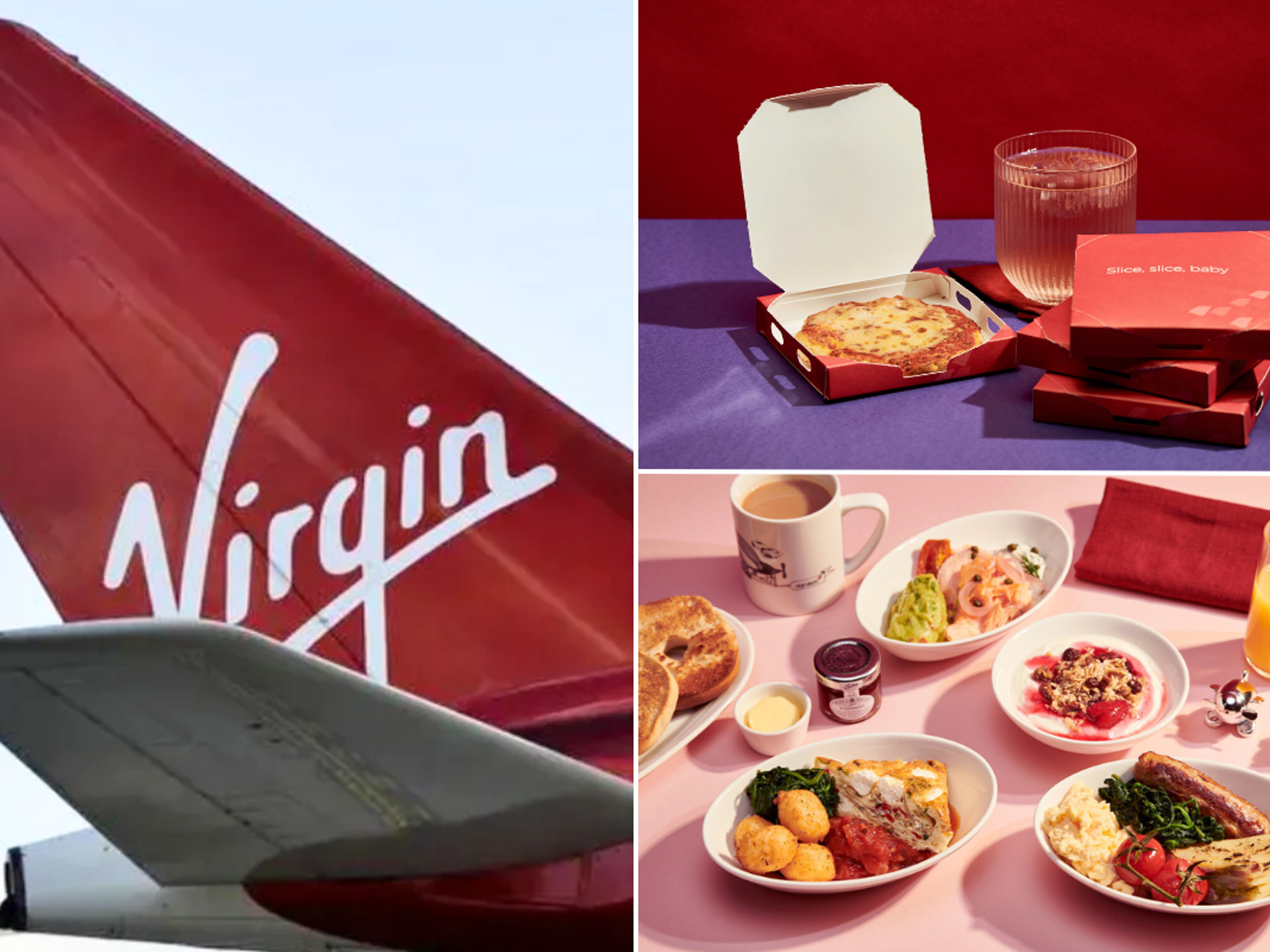 Virgin Atlantic plane / Virgin pizza / Virgin in-flight menu