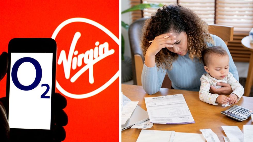 Virgin Media and O2 logos and woman looking stressed at broadband bill