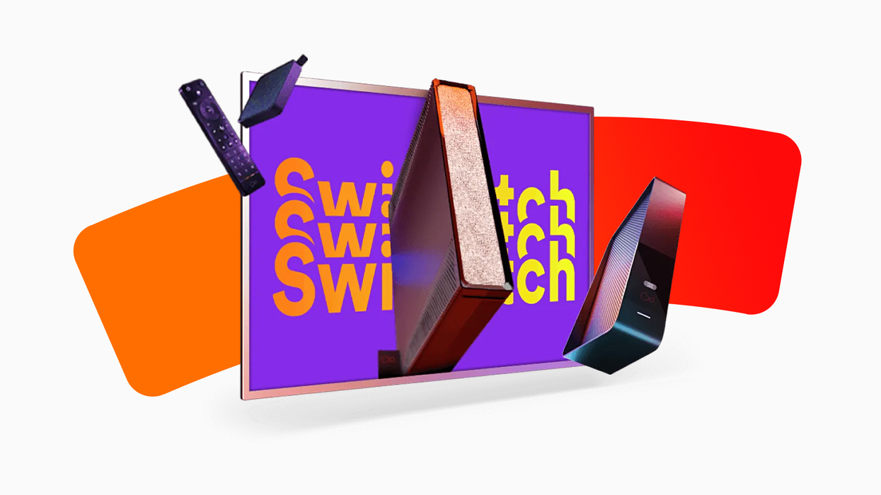 virgin media hub 5 pictured emerging from a flatscreen tv with a virgin media stream box flying in the corner