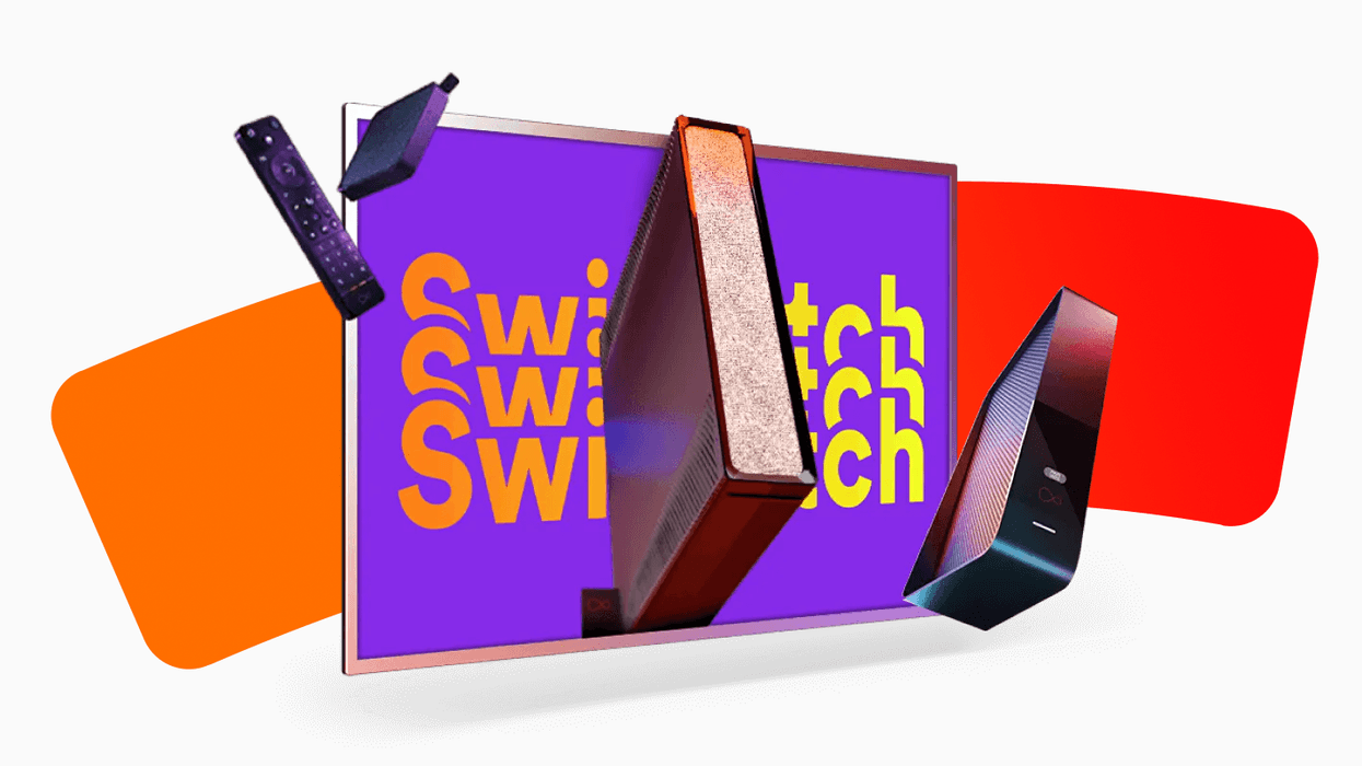 virgin media hub 5 pictured emerging from a flatscreen tv with a virgin media stream box