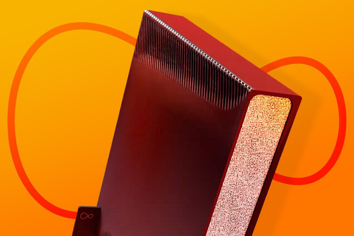 Virgin Media Hub 5 router on an orange background with the Virgin Media logo