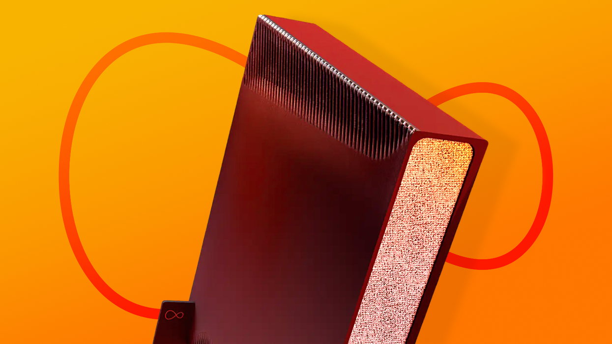 Virgin Media Hub 5 router on an orange background with the Virgin Media logo