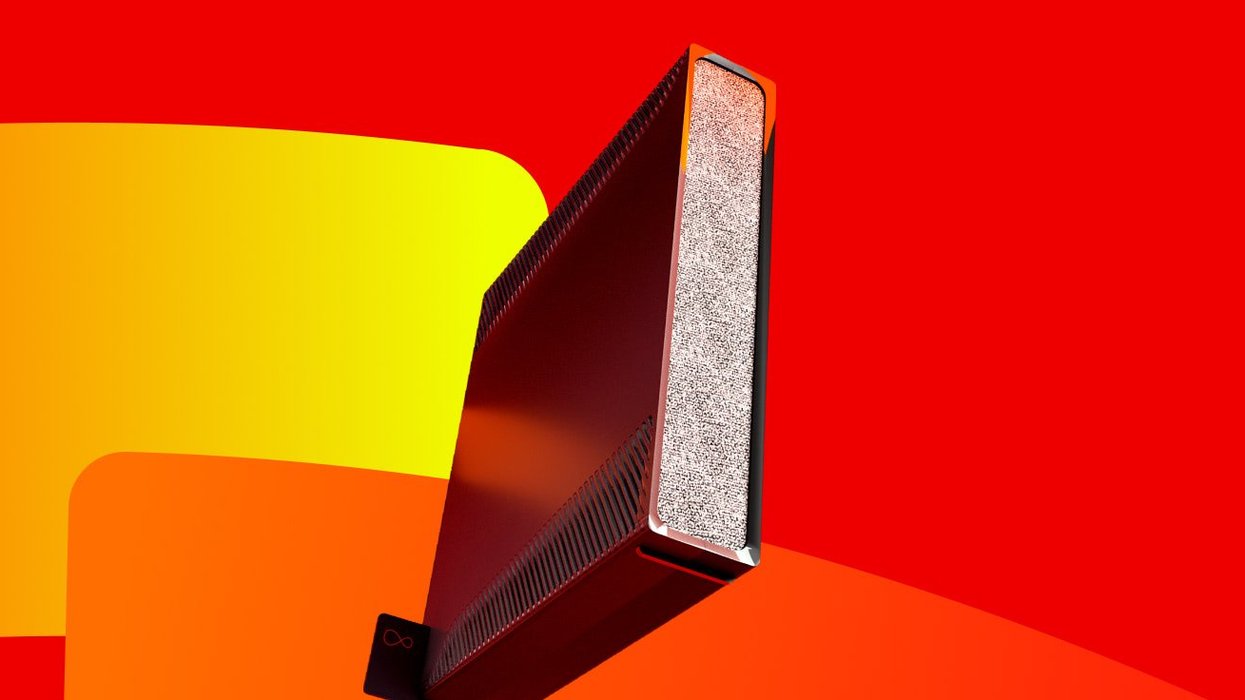 Virgin Media Hub 5 Wi-Fi router pictured with a colourful background