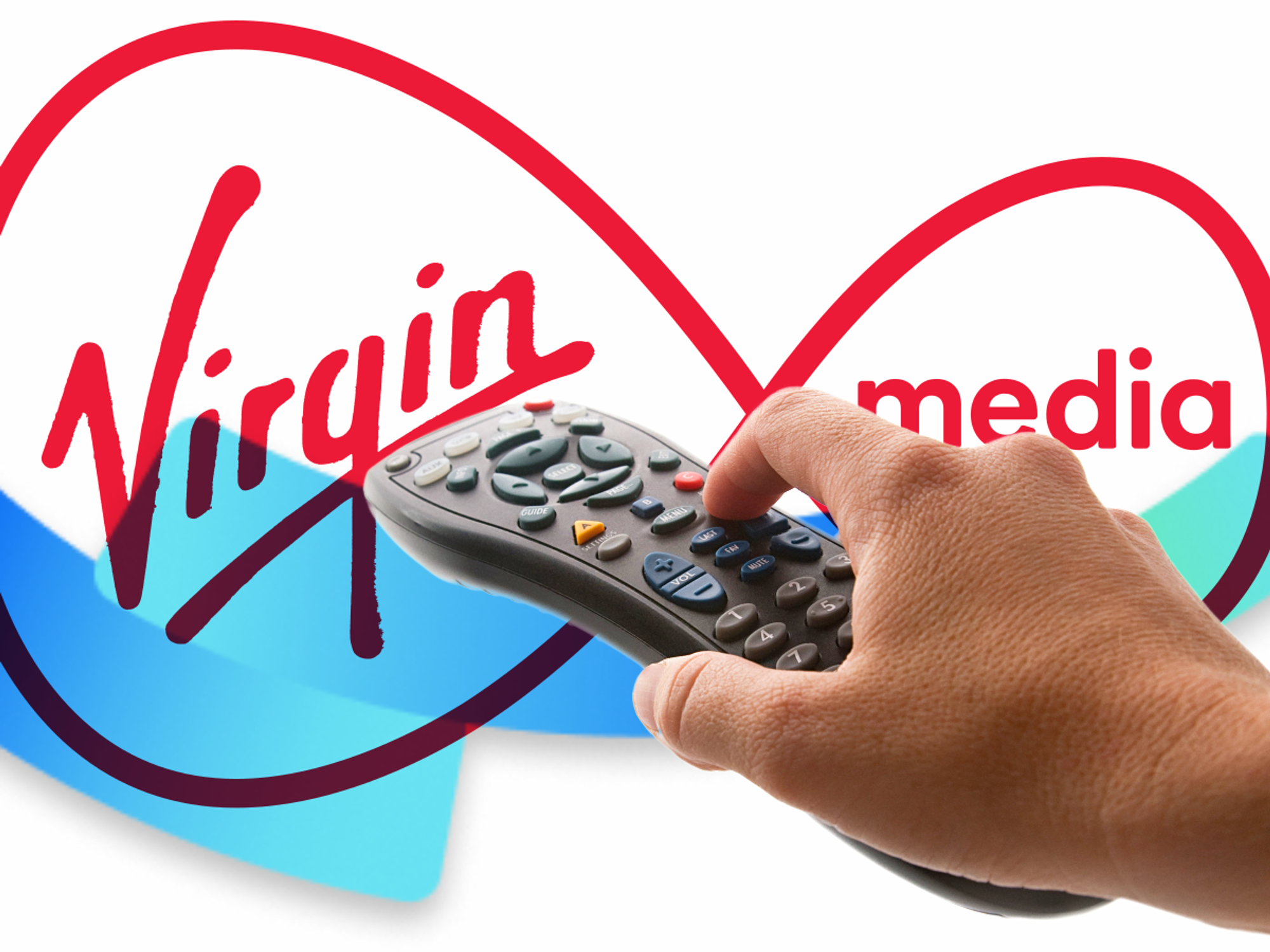 Virgin Media logo behind TV remote