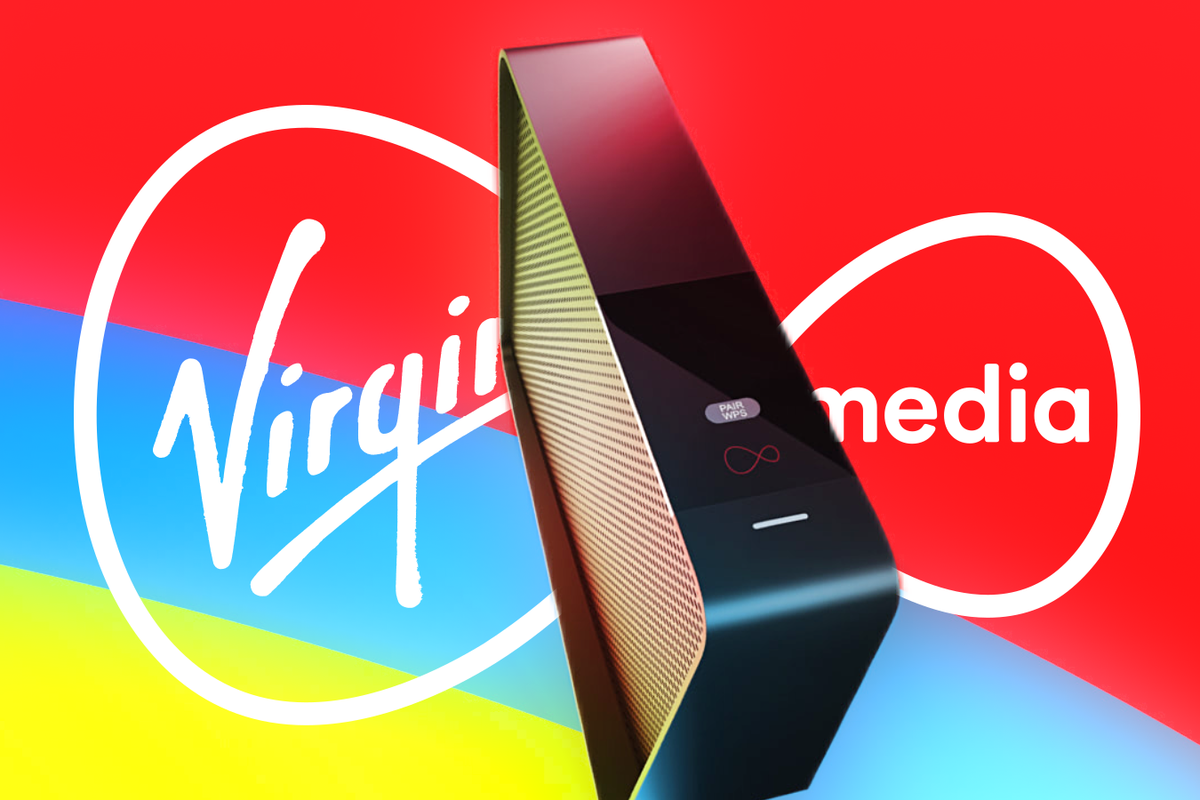 Virgin Media router pictured on a colourful background