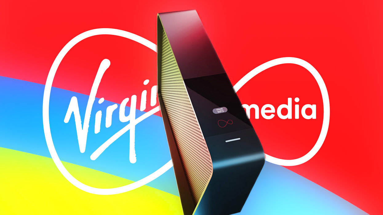 Virgin Media router pictured on a colourful background