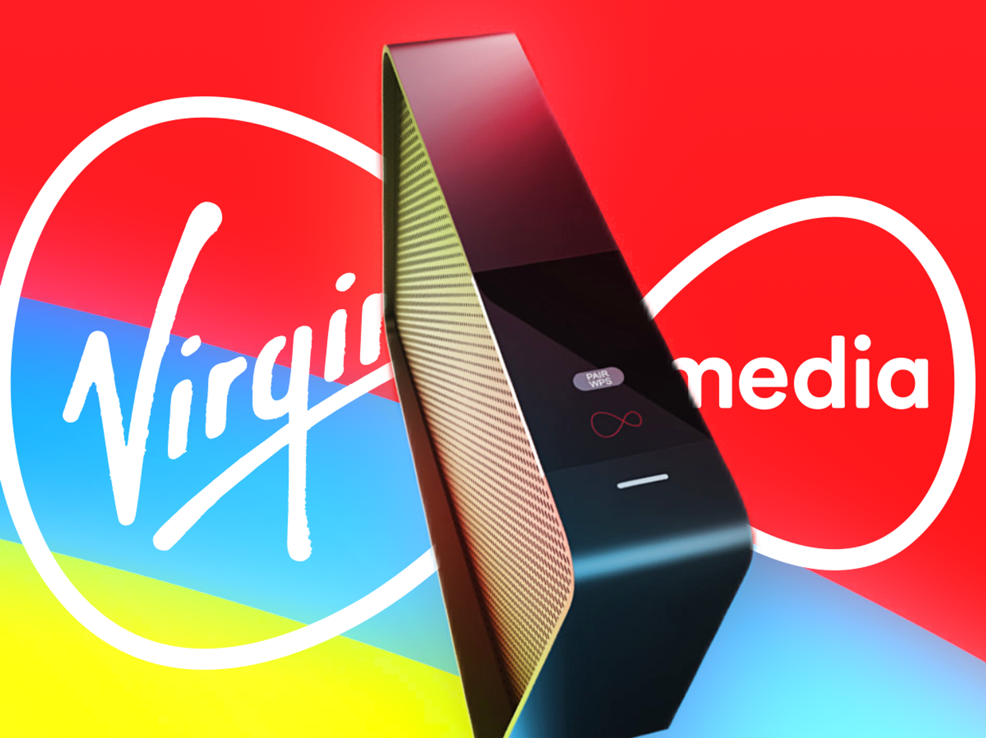Virgin Media router pictured on a colourful background