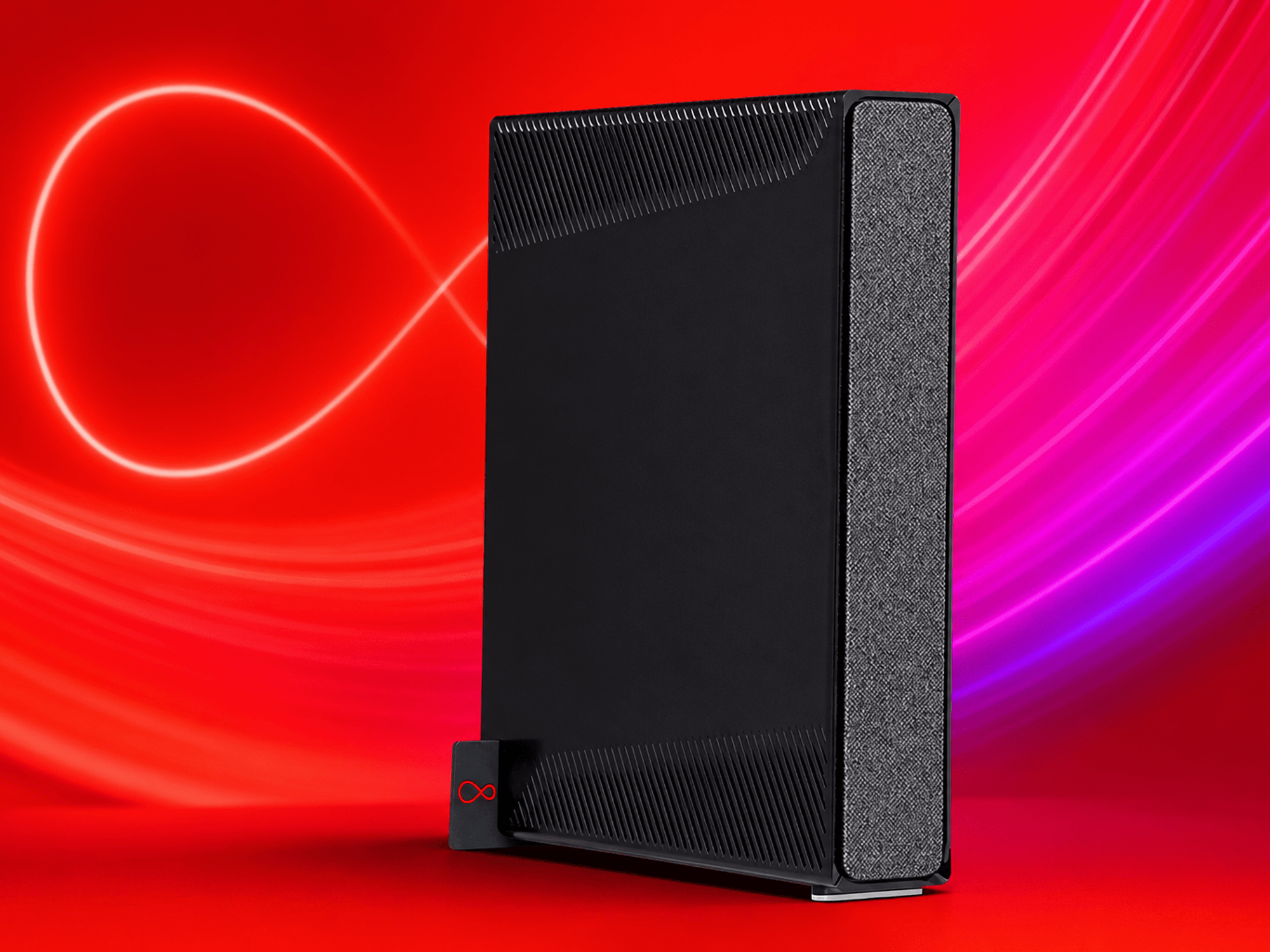 Virgin Media router with brand colours in background