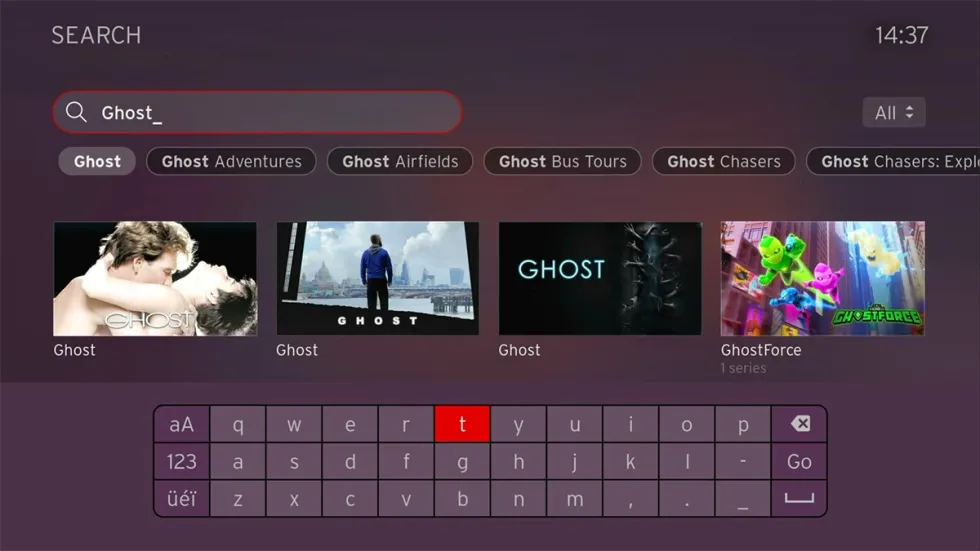 virgin media search feature with ghost artwork showing