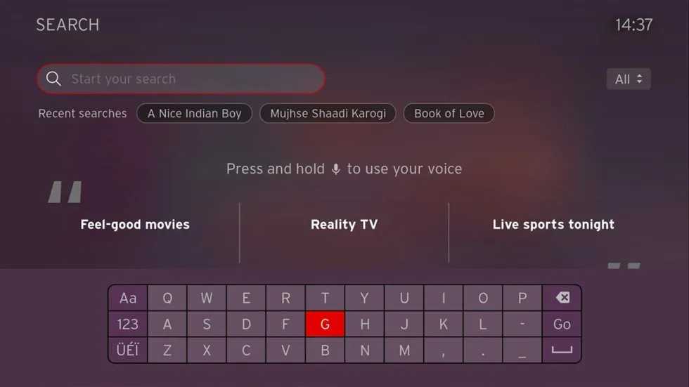 virgin media search feature with suggested categories