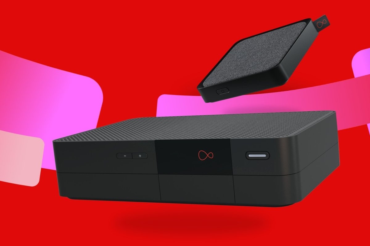 Virgin Media TV 360 and Virgin Stream set-top box with a colourful red background