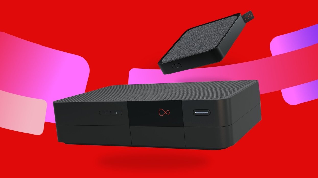 Virgin Media TV 360 and Virgin Stream set-top box with a colourful red background