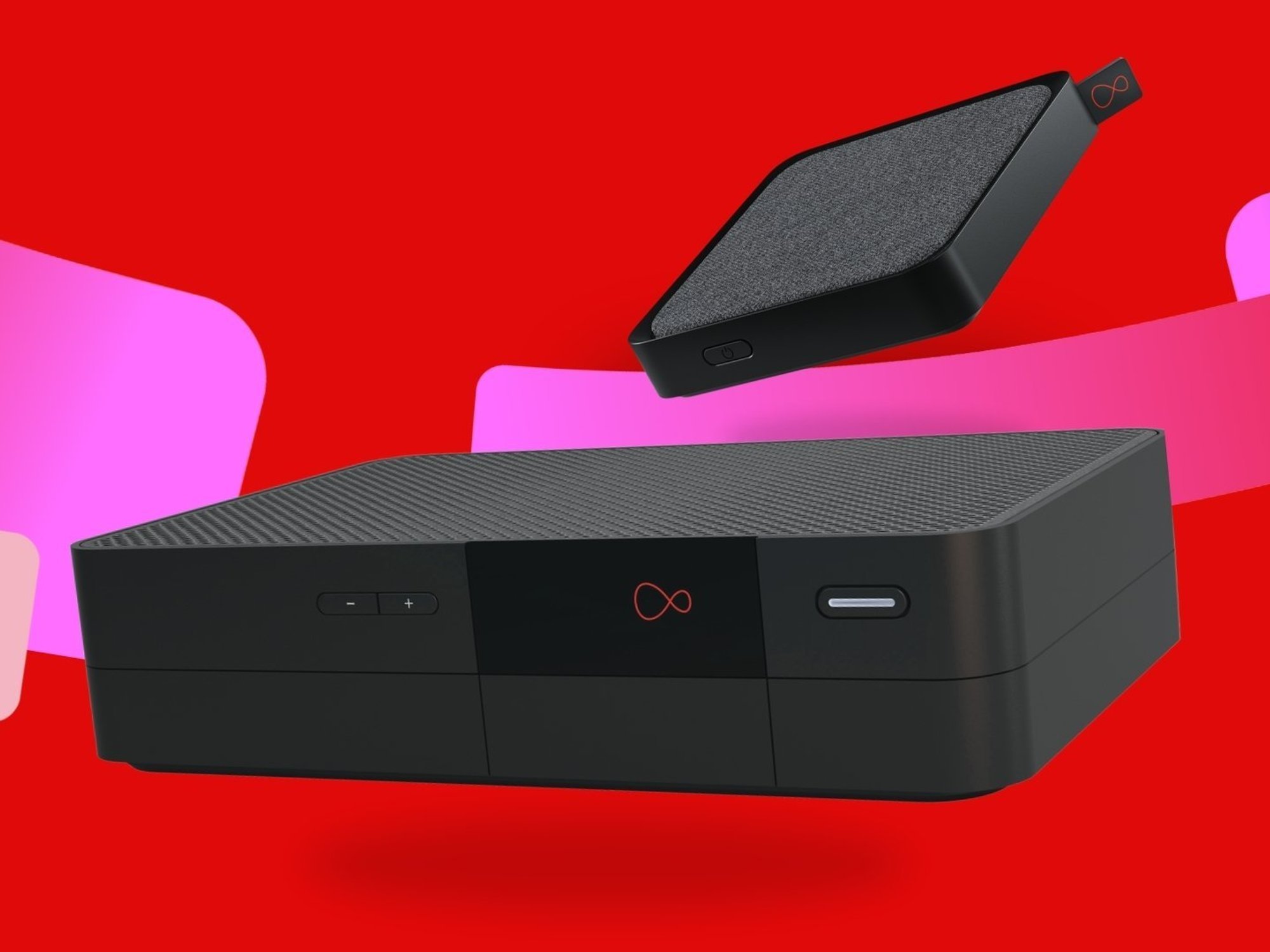 Virgin Media TV 360 and Virgin Stream set-top box with a colourful red background