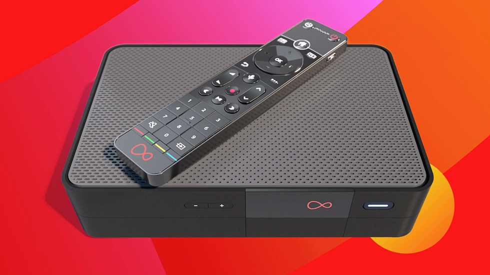 virgin media tv 360 box with a remote control lying on-top with a colourful swirling background