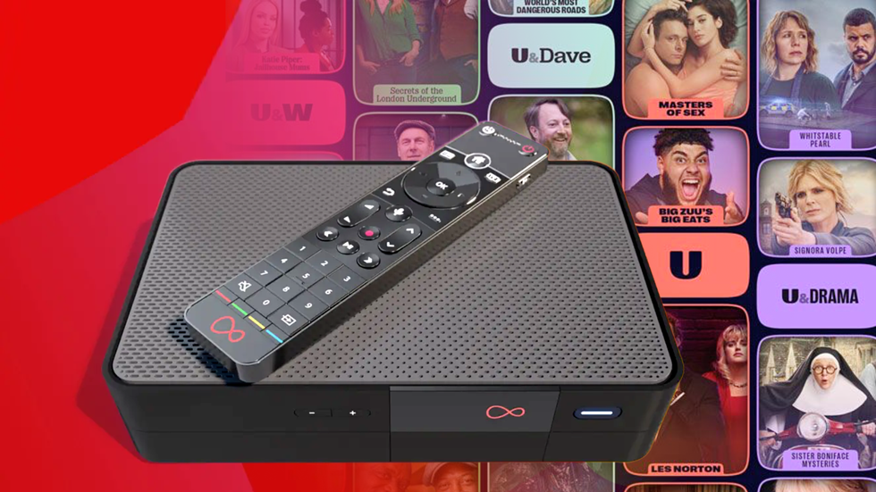 virgin media tv 360 box with selection of UKTV channels and shows in the background