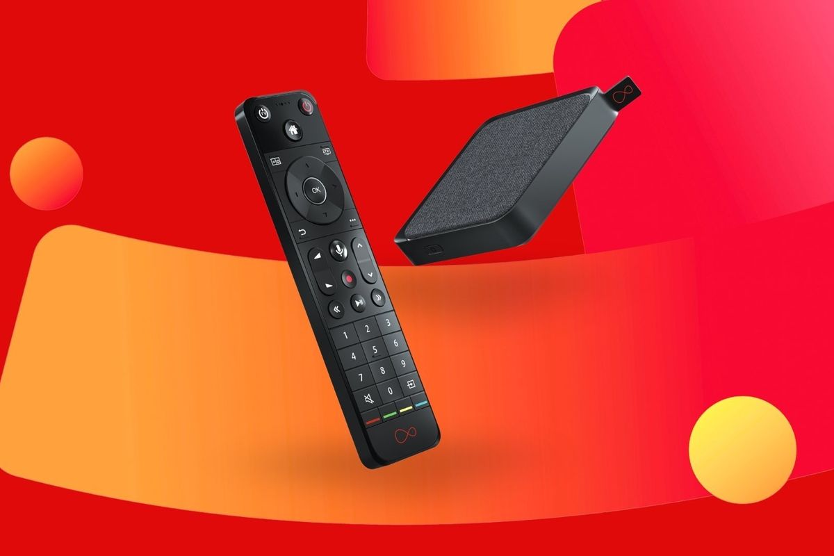 Virgin Media TV remote with Stream set-top box on a colourful background