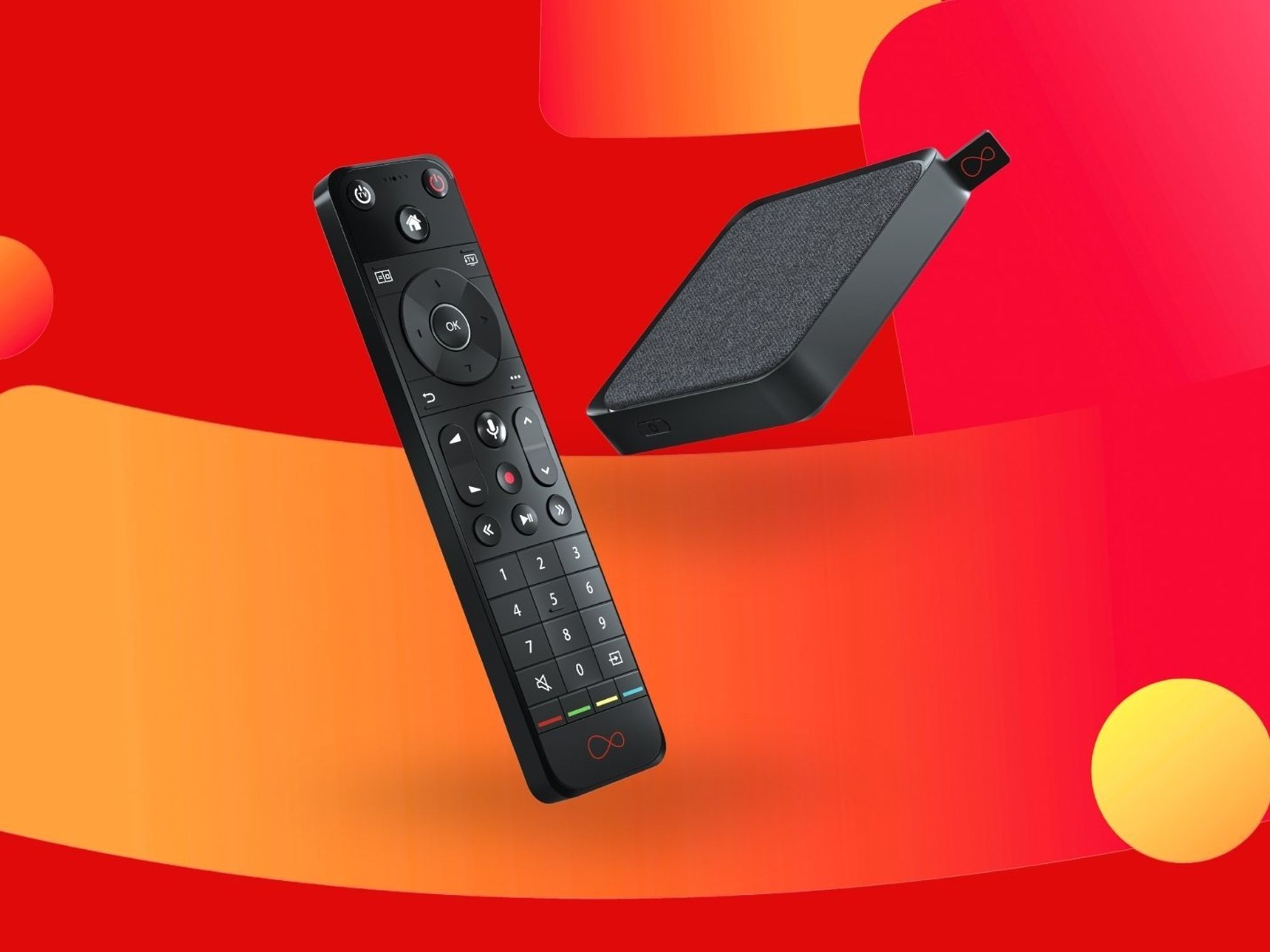 Virgin Media TV remote with Stream set-top box on a colourful background