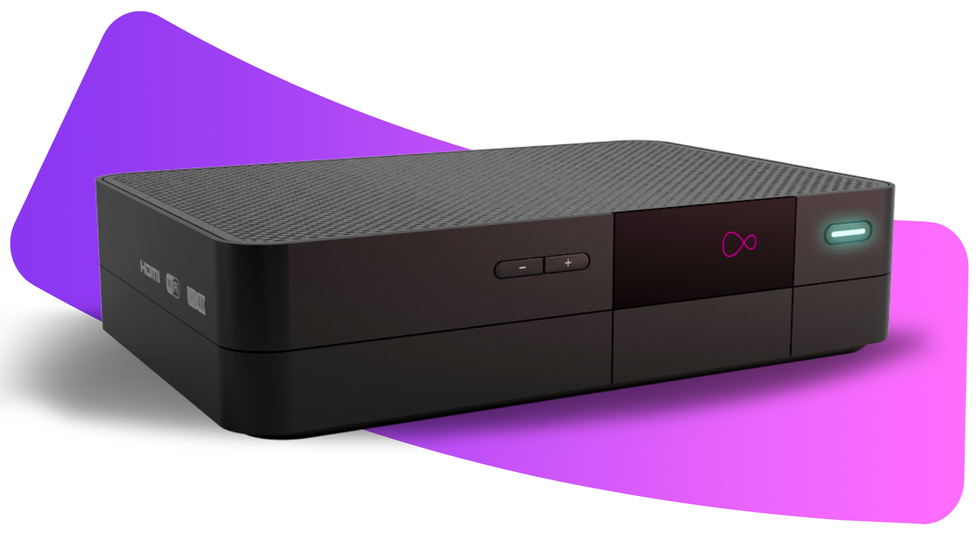 virgin media tv v6 box with a colourful purple banner behind it 
