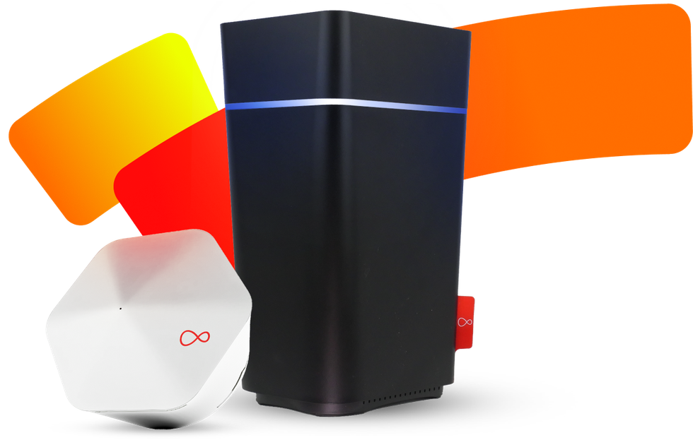 virgin media wi-fi router and extender pictured with colourful swirl in background
