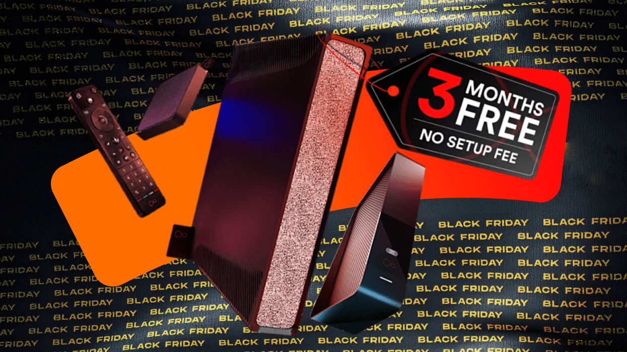 virgin media wi-fi router and tv remote pictured with an orange banner and black friday sales text in the background