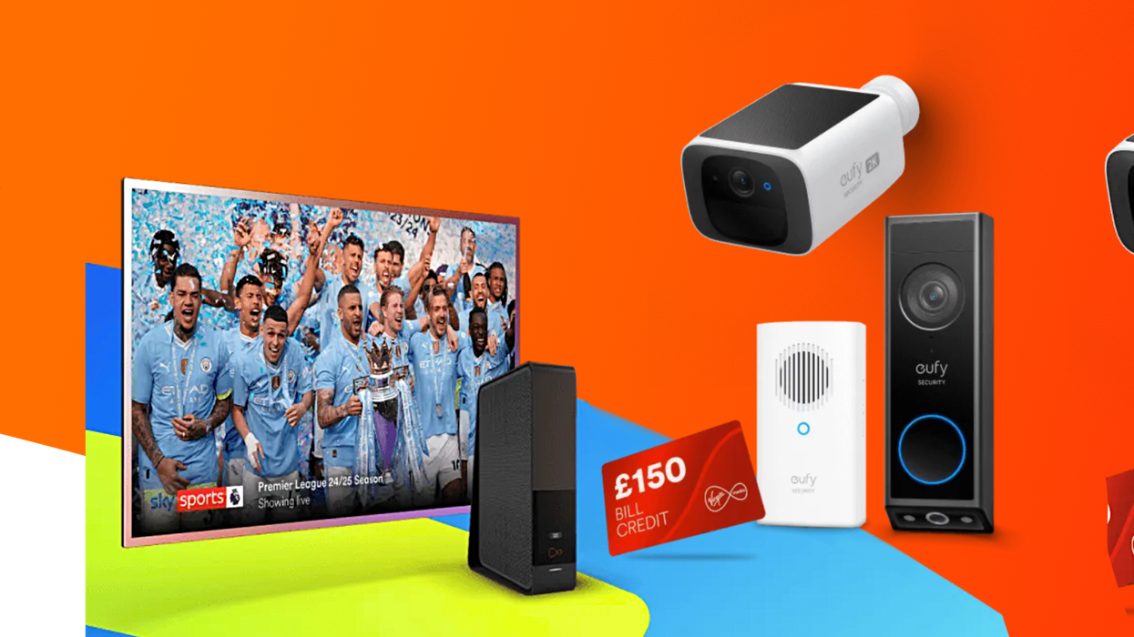 virgin media wi-fi router pictured with a flatscreen tv showing sky sports hd and eufy security camera and doorbell