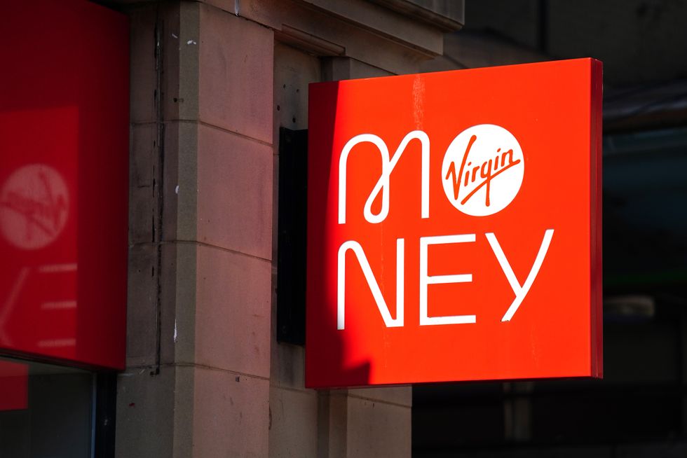 Virgin Money logo outside high street bank branch