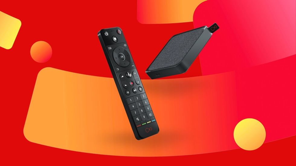 virgin tv stream box with the remote pictured on a colourful background