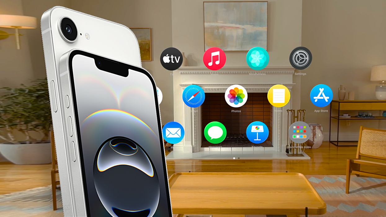 visionOS apps shown in the background with iPhone 16e in the foreground