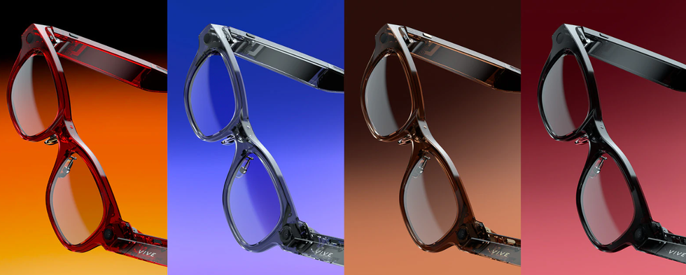 Vive Eagle smart glasses in berry red, blueish grey, coffee brown, and black
