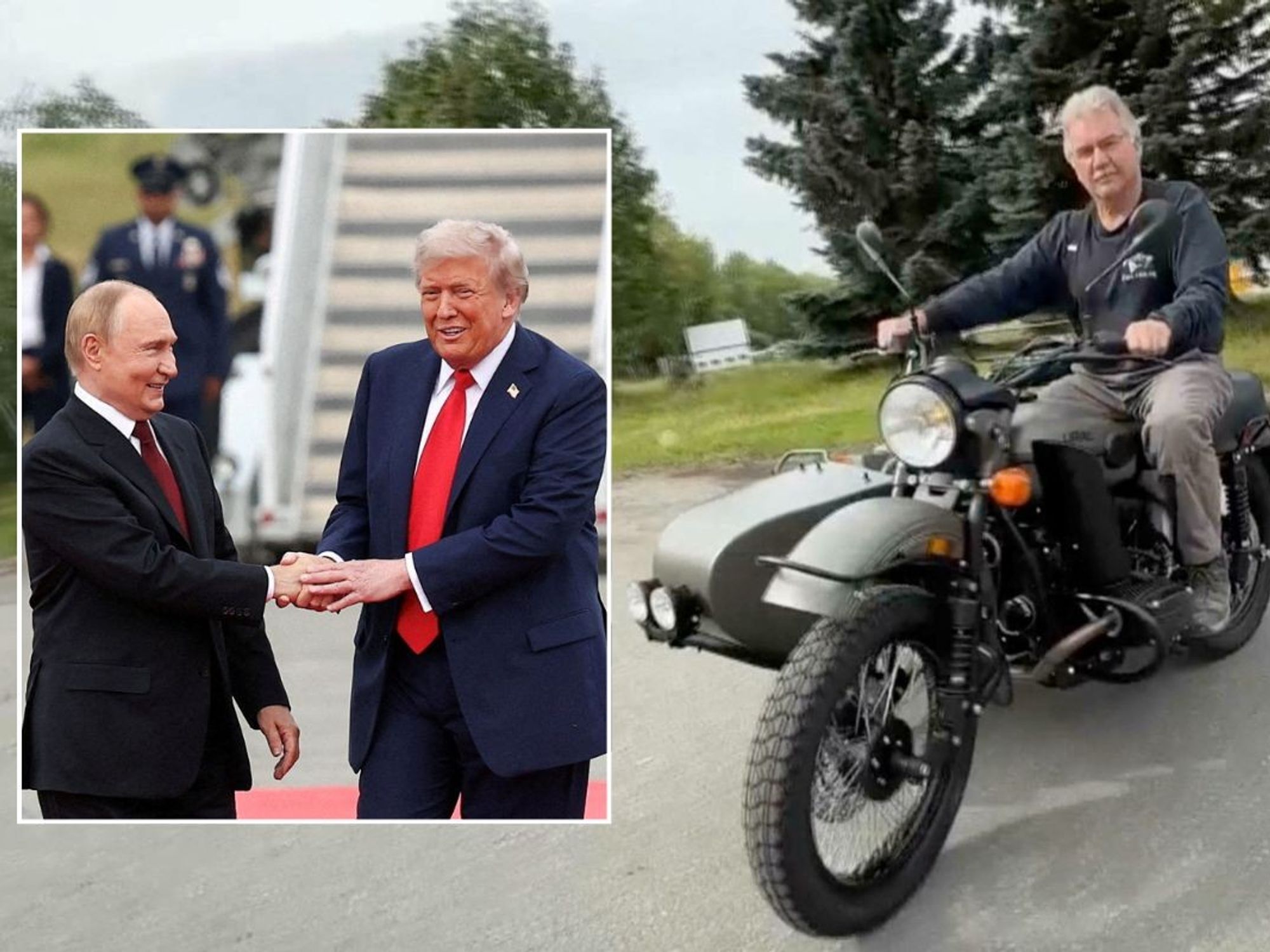 Vladimir Putin meeting Donald Trump and Mark Warren riding his new Ural motorcycle