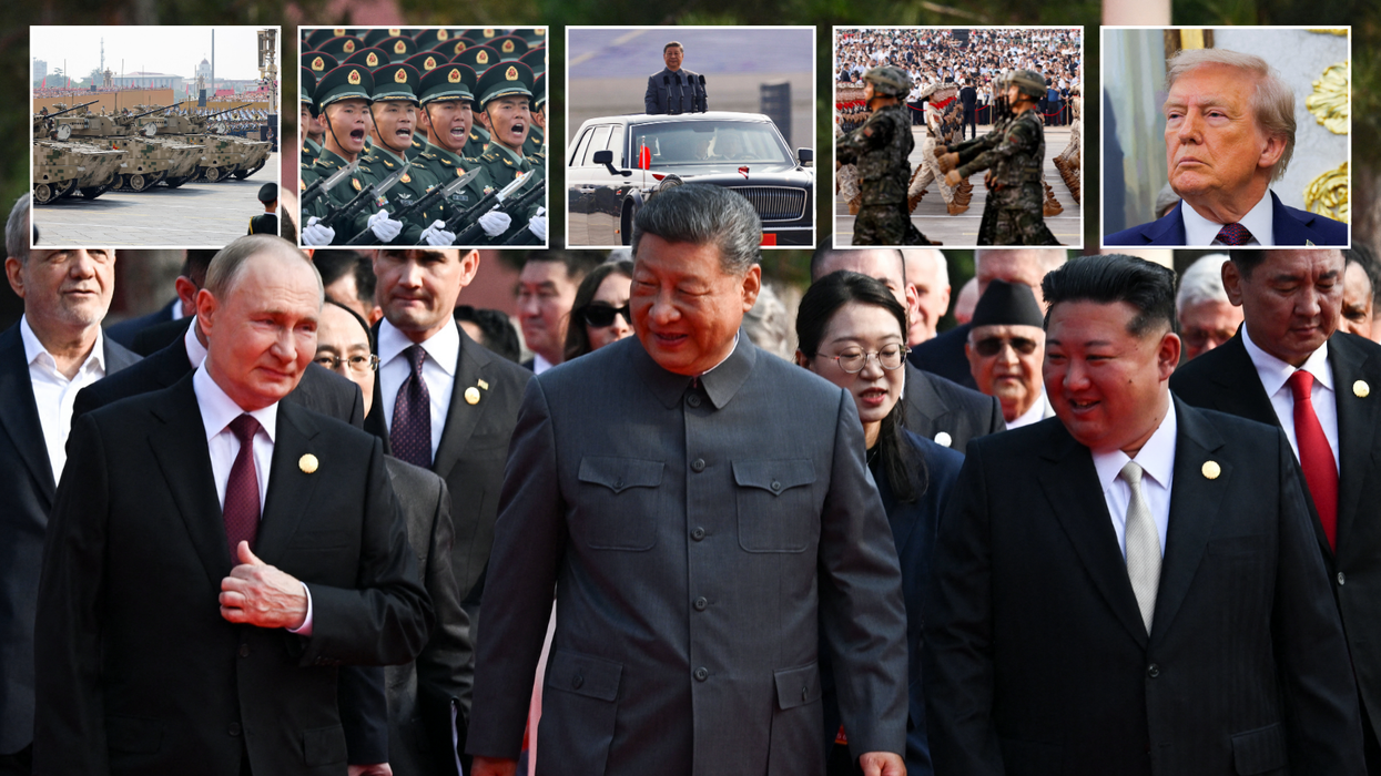 Vladimir Putin, Xi Jinping and Kim Jong Un with insets of the parade