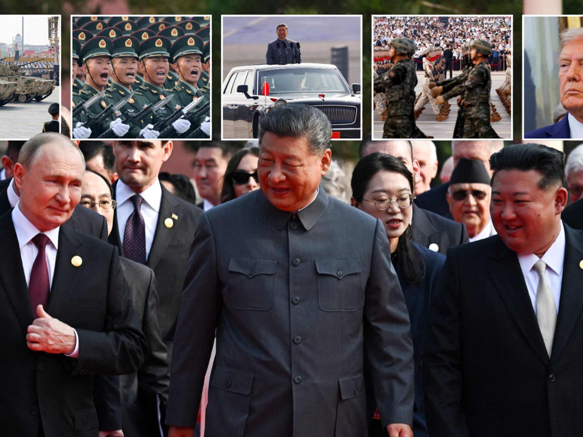 Vladimir Putin, Xi Jinping and Kim Jong Un with insets of the parade