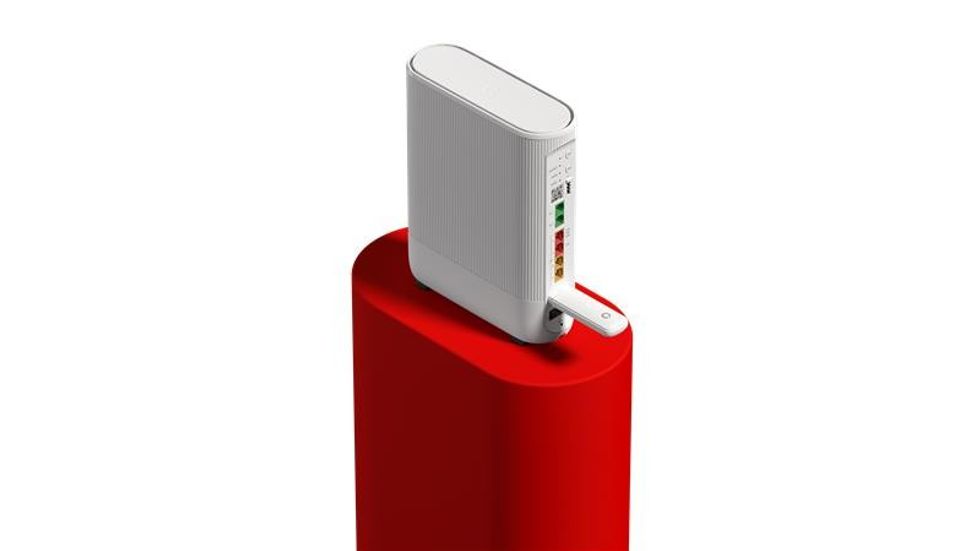 vodafone ultra hub 7 pictured on a red plinth