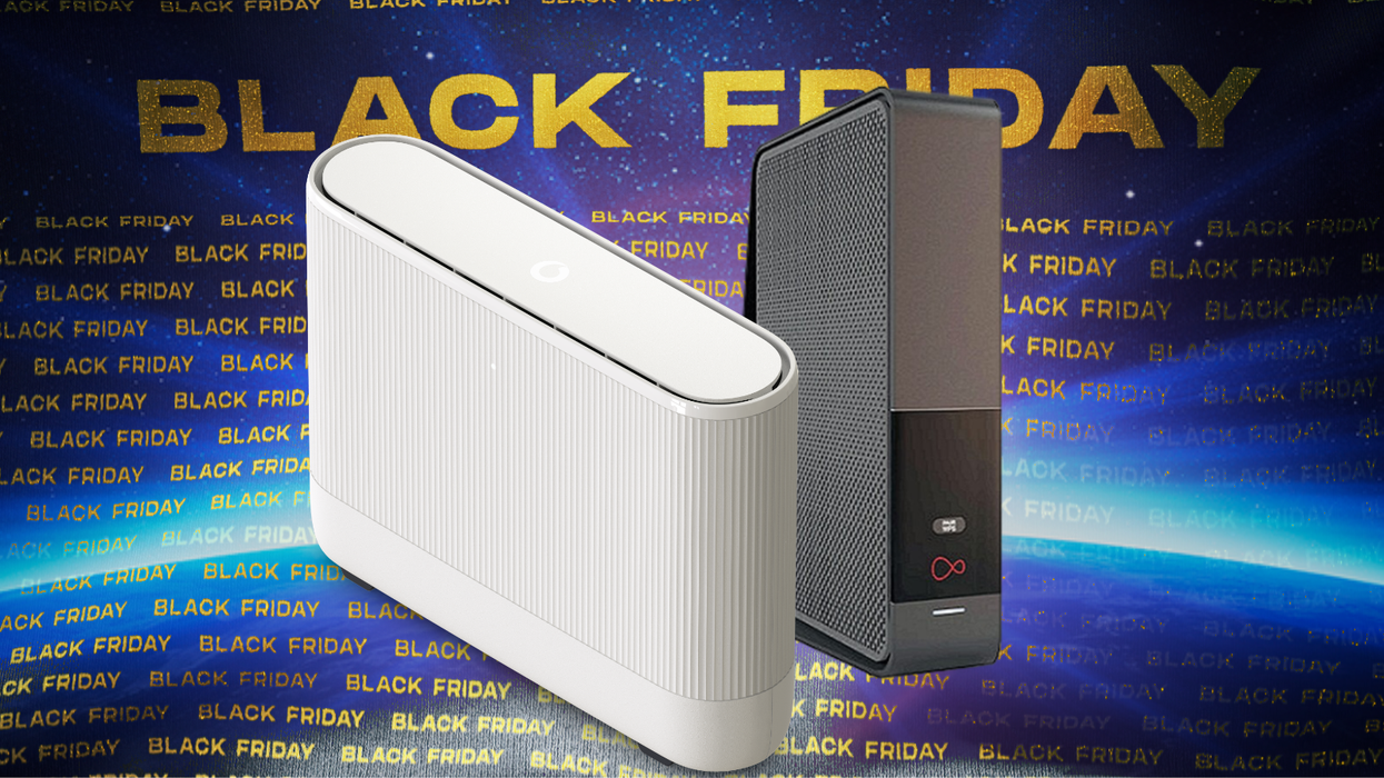 vodafone wi-fi 6 router next to a virgin media wireless router on a black friday sales banner
