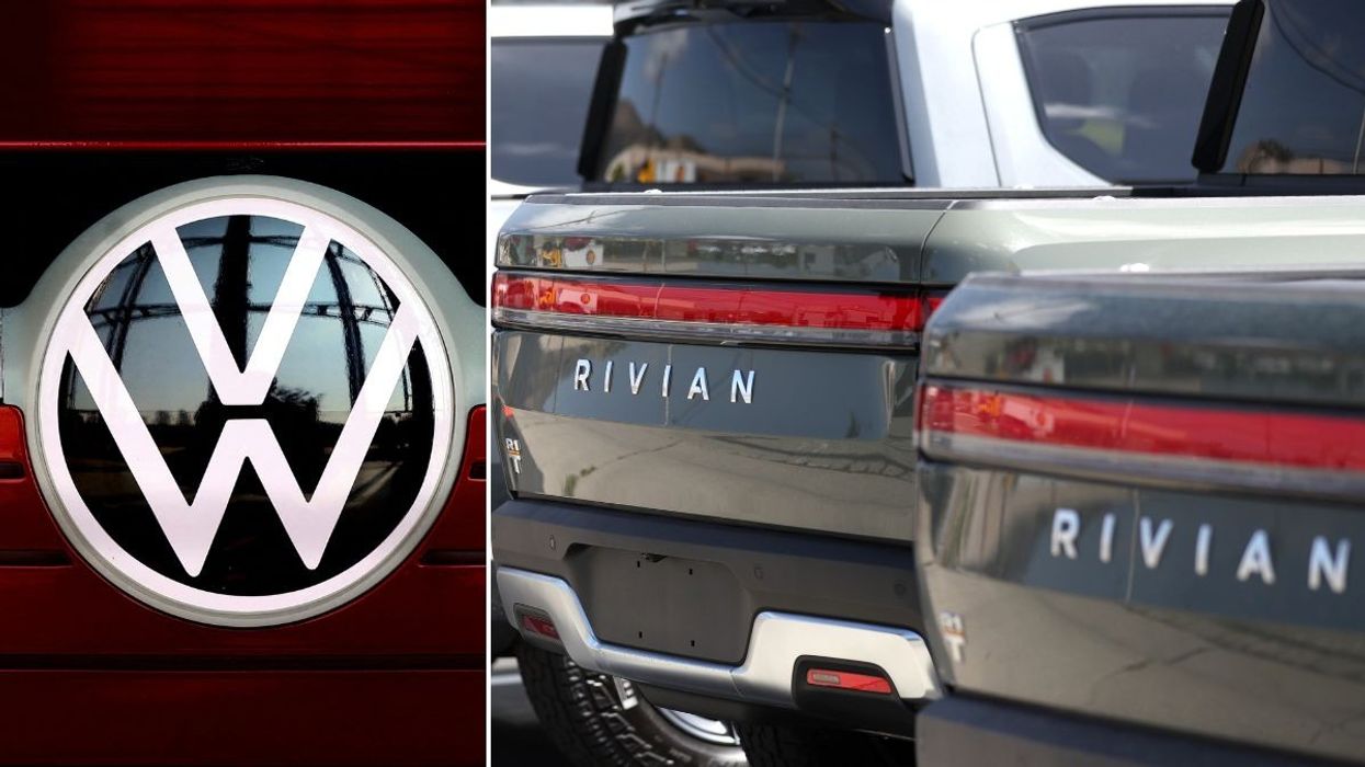 Volkswagen logo and Rivian EVs