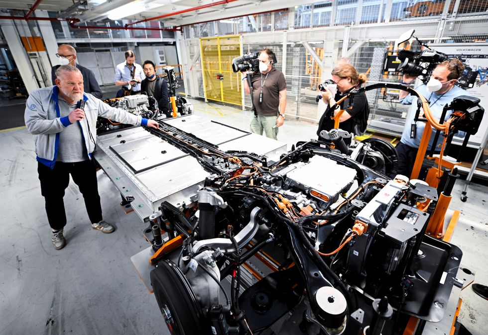 Volkswagen's ID Buzz EV is pictured in a production line in Hanover