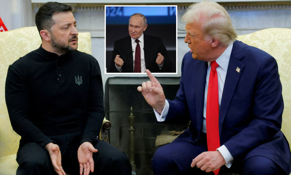 Volodymyr Zelensky (left), Vladimir Putin (middle)Donald Trump (right)