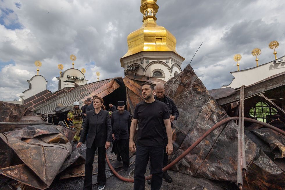 Volodymyr Zelensky visits the damaged site of the Kyiv Pechersk Lavra in Ukraine