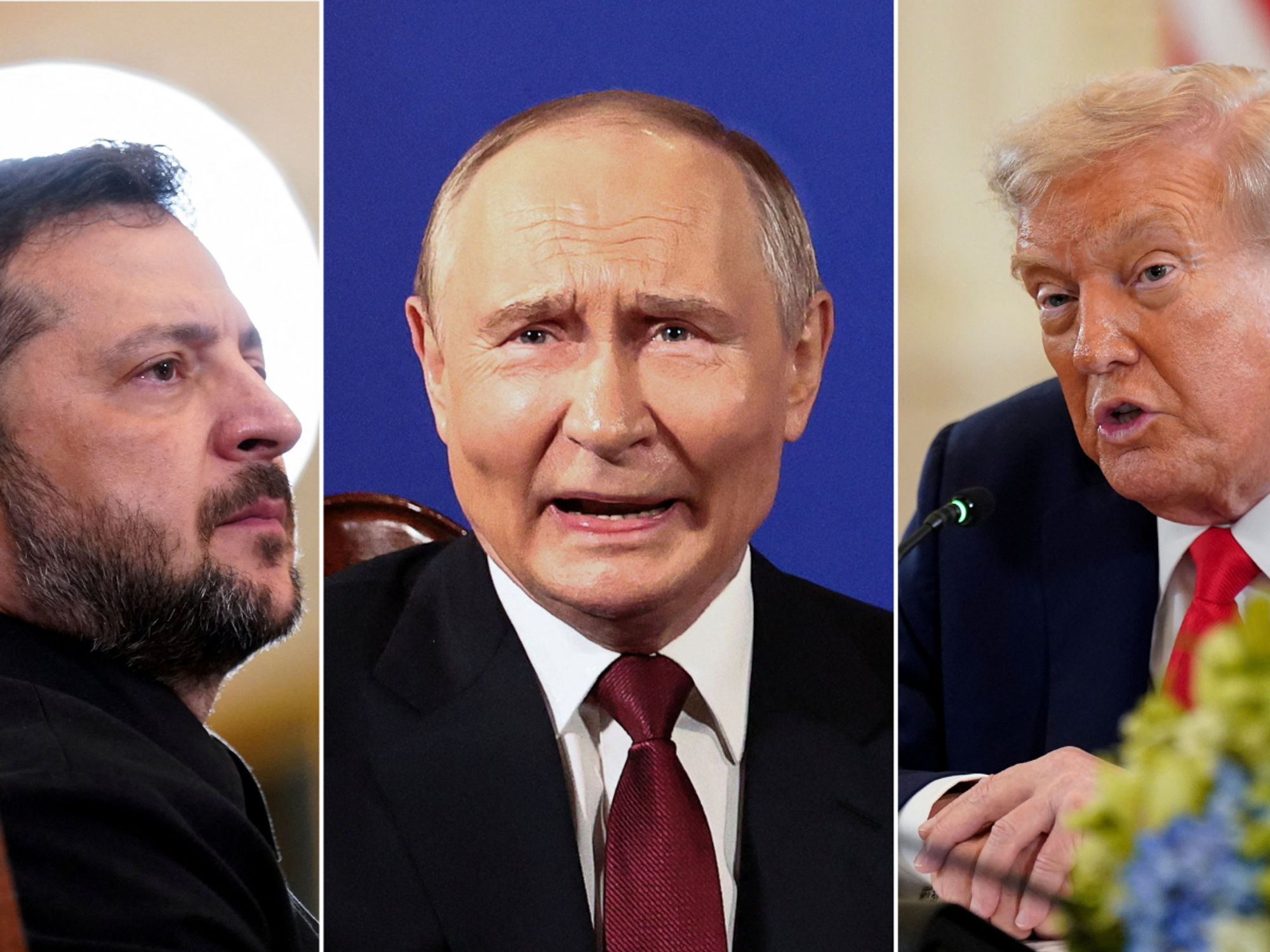 Volodymyr Zelensky, Vladimir Putin and Donald Trump