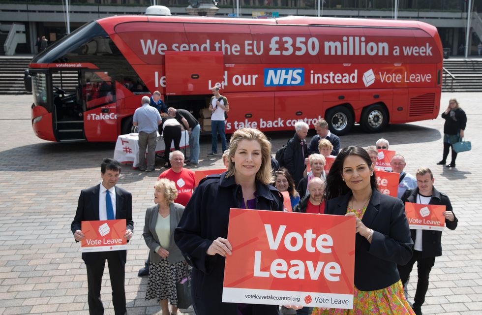 Vote Leave posters in front of the Vote Leave battle bus as it stops in Portsmouth